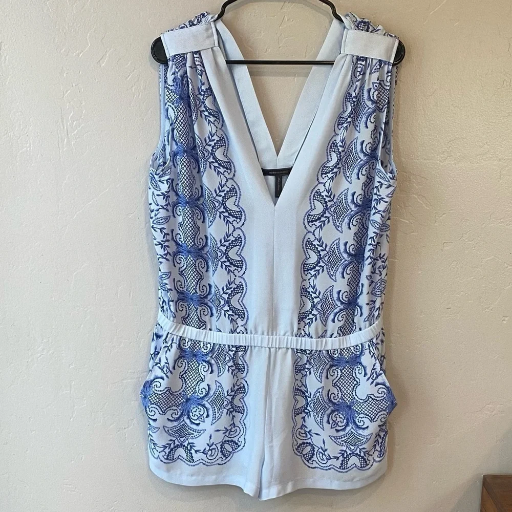 BCBGMaxAzria V-Neck Floral Scarf Print Vance Tie Waist Romper - Light Oasis Blue